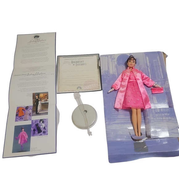 Mattel 1998 Audrey Hepburn Pink Princess Barbie NRFB on Insert Certificate Stand